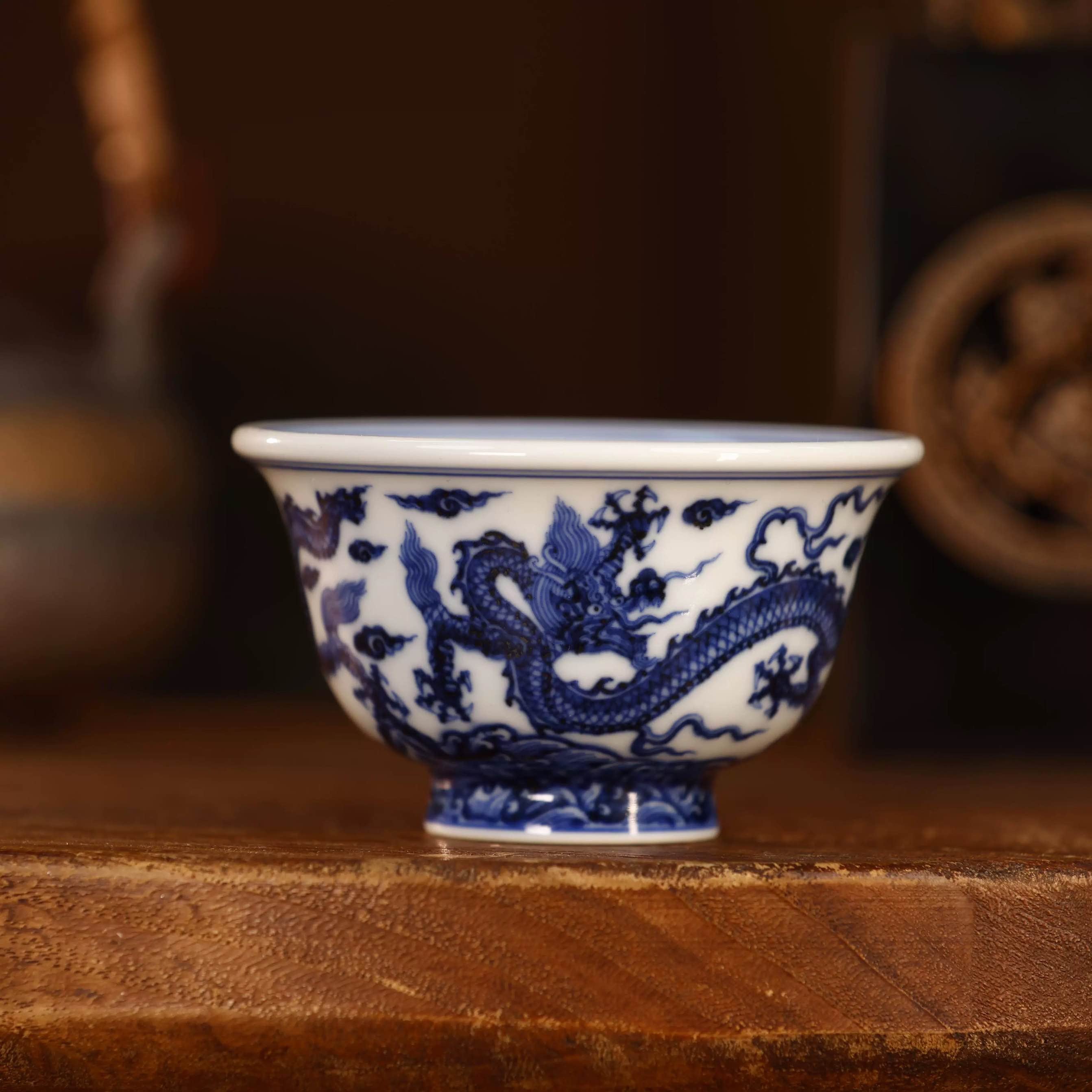 Liujianfeng Kiln Blue and White Porcelain Double Dragon Cup 刘建锋窑双龙压手杯