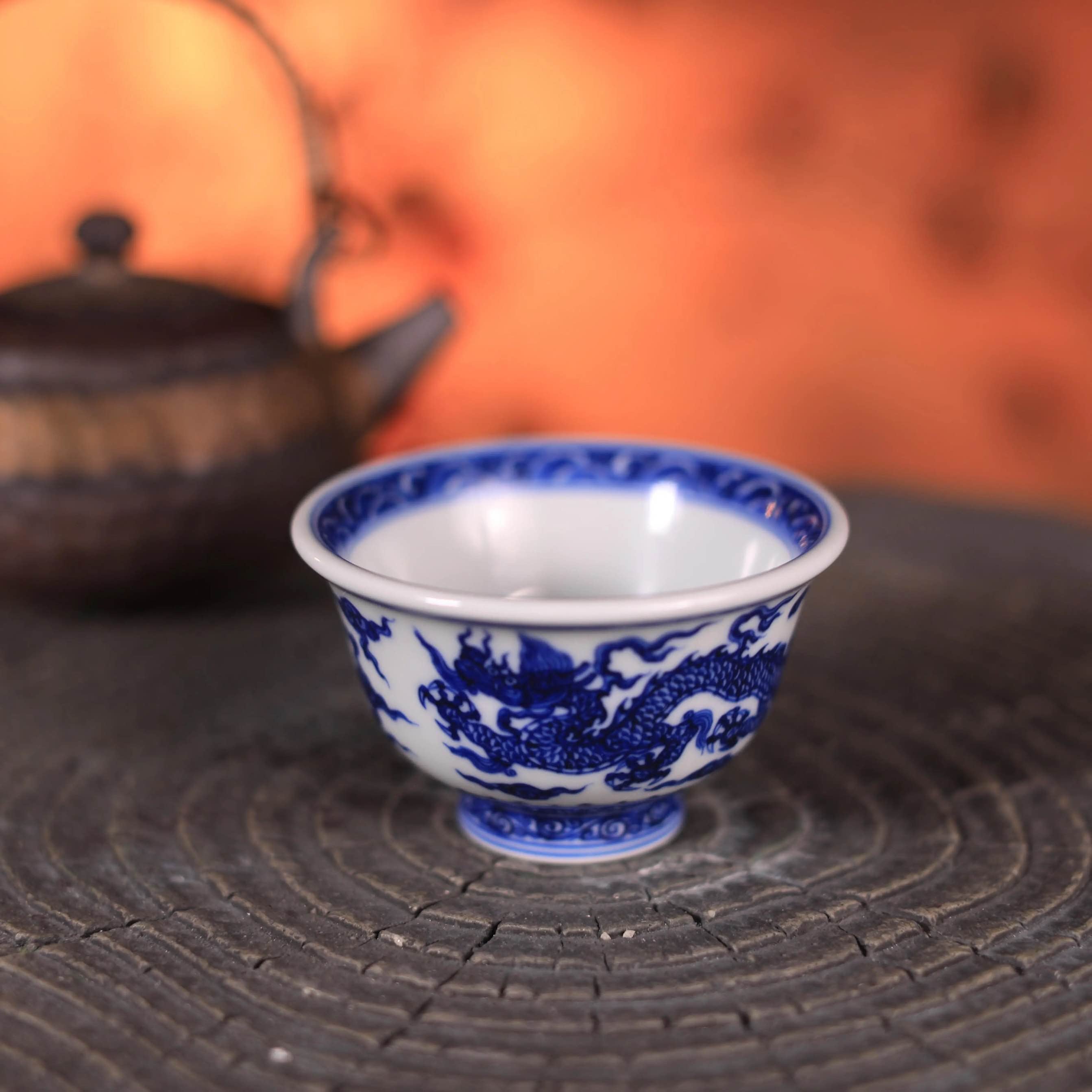 Liujianfeng Kiln Blue and White Porcelain Double Dragon Cup 刘建锋窑双龙压手杯
